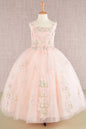 GK109 Floral Embroidery Embellished Ruched Bodice Mesh Kids Dress with Lace-up Back
