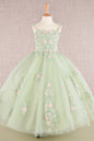 GK109 Floral Embroidery Embellished Ruched Bodice Mesh Kids Dress with Lace-up Back