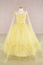 Floral Applique Glitter Mesh Kids Dress with Detachable Side Mesh Drape