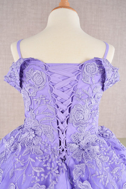 Floral Embroidery Embellished Cut-Away Shoulder Kids Dress