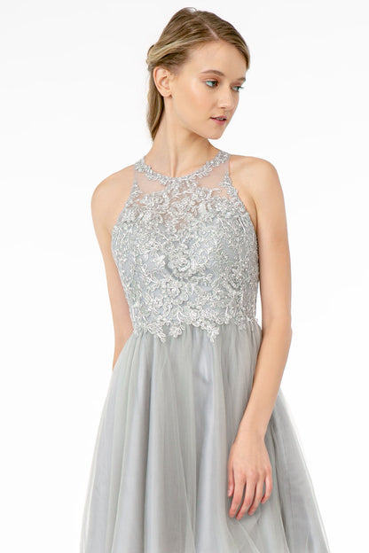 Jewel Embellished Embroidery Tulle Short Dress w/ Strap Back