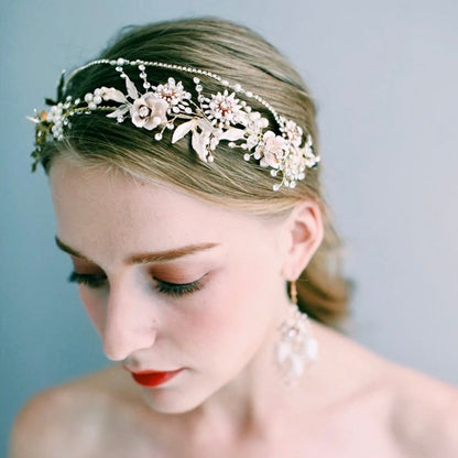 "Gardenia" - Gold Pearl and Crystal Bridal Headband with Matching Earrings