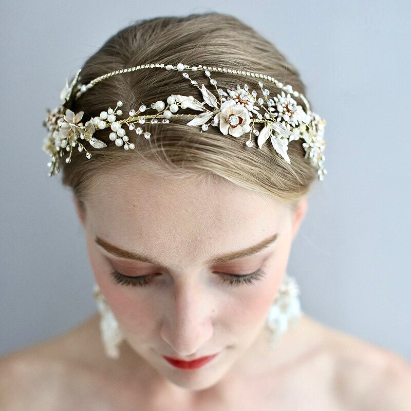 "Gardenia" - Gold Pearl and Crystal Bridal Headband with Matching Earrings