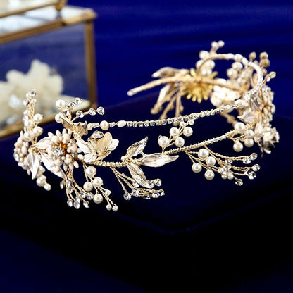 "Gardenia" - Gold Pearl and Crystal Bridal Headband with Matching Earrings