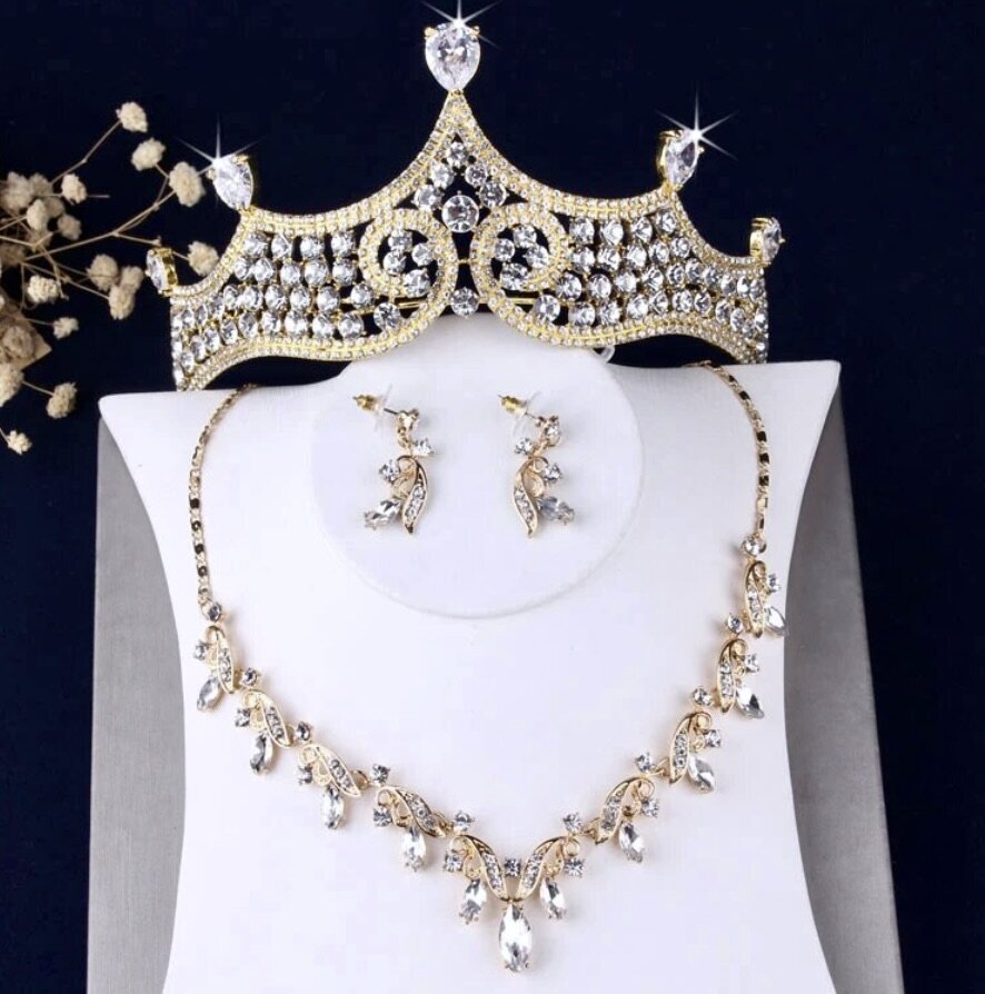 "Iolanda" - Gold Bridal 3-Piece Jewelry Set With Tiara