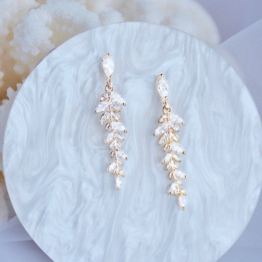 "Paola" - Gold CZ Leaf Bridal Earrings