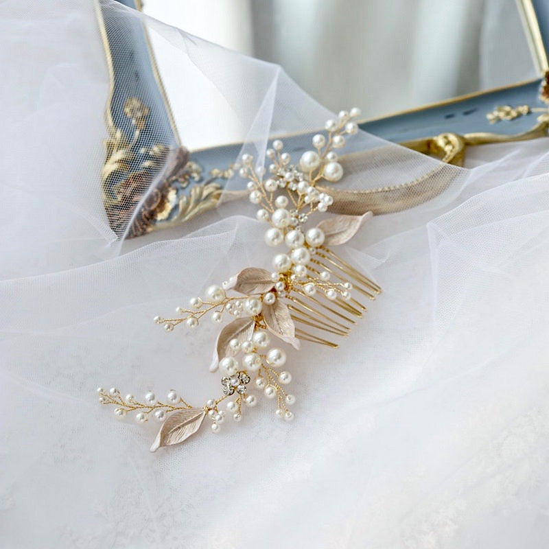 Chandra - Pearl Bridal Hair Comb - Available in Gold and Silver