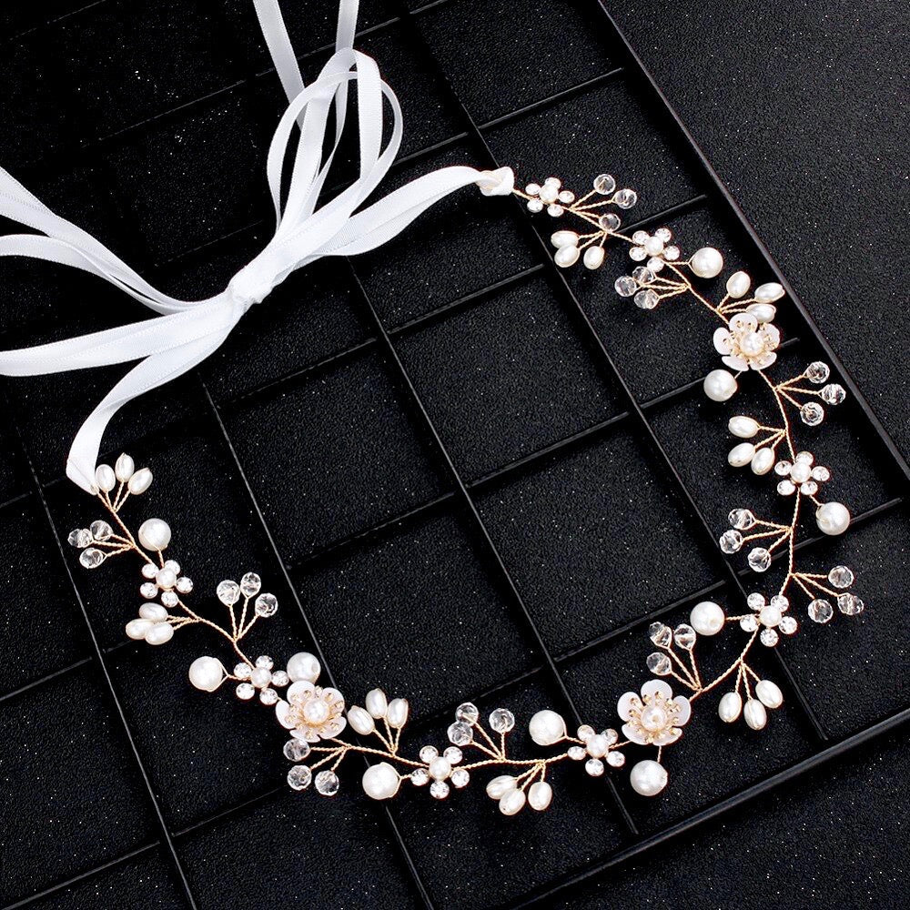 "Noreen" - Gold Pearl and Crystal Bridal Headband