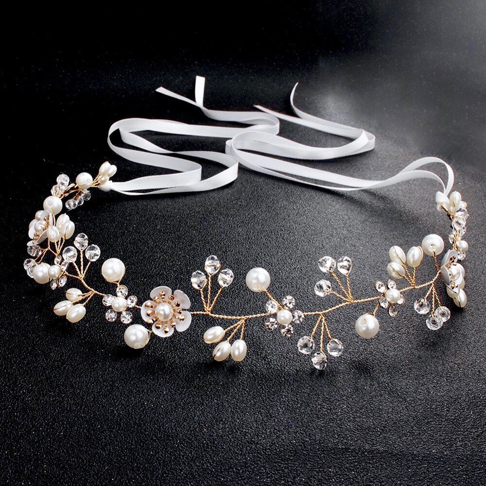 "Noreen" - Gold Pearl and Crystal Bridal Headband