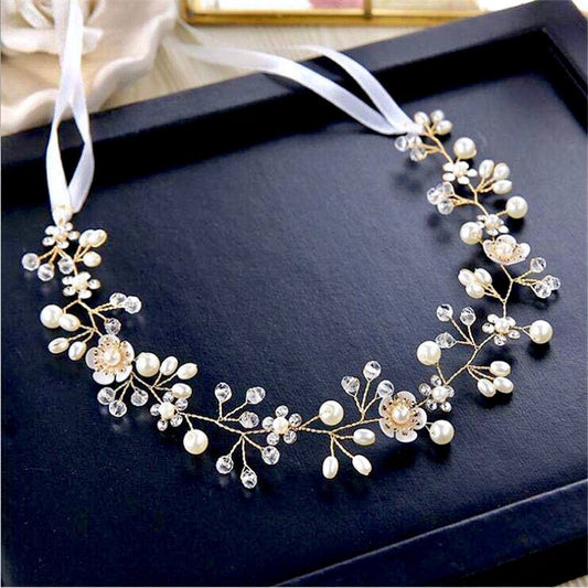 "Noreen" - Gold Pearl and Crystal Bridal Headband