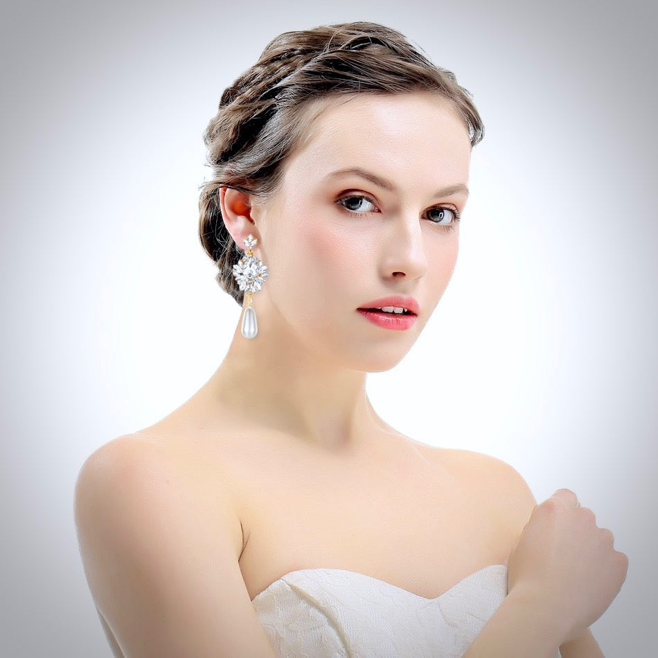 Valencia - Pearl and Crystal Bridal Earrings - Available in Silver and Gold