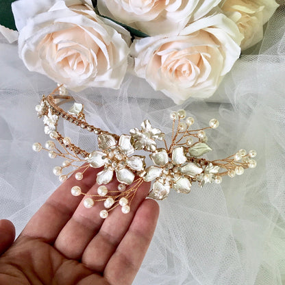 Kara - Gold Pearl and Crystal Bridal Headband / Tiara