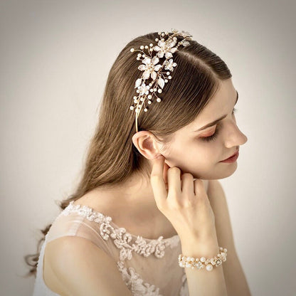 Kara - Gold Pearl and Crystal Bridal Headband / Tiara