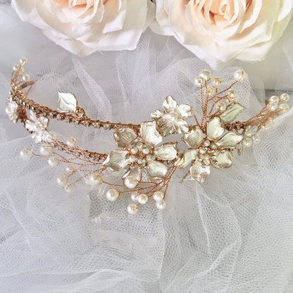Kara - Gold Pearl and Crystal Bridal Headband / Tiara