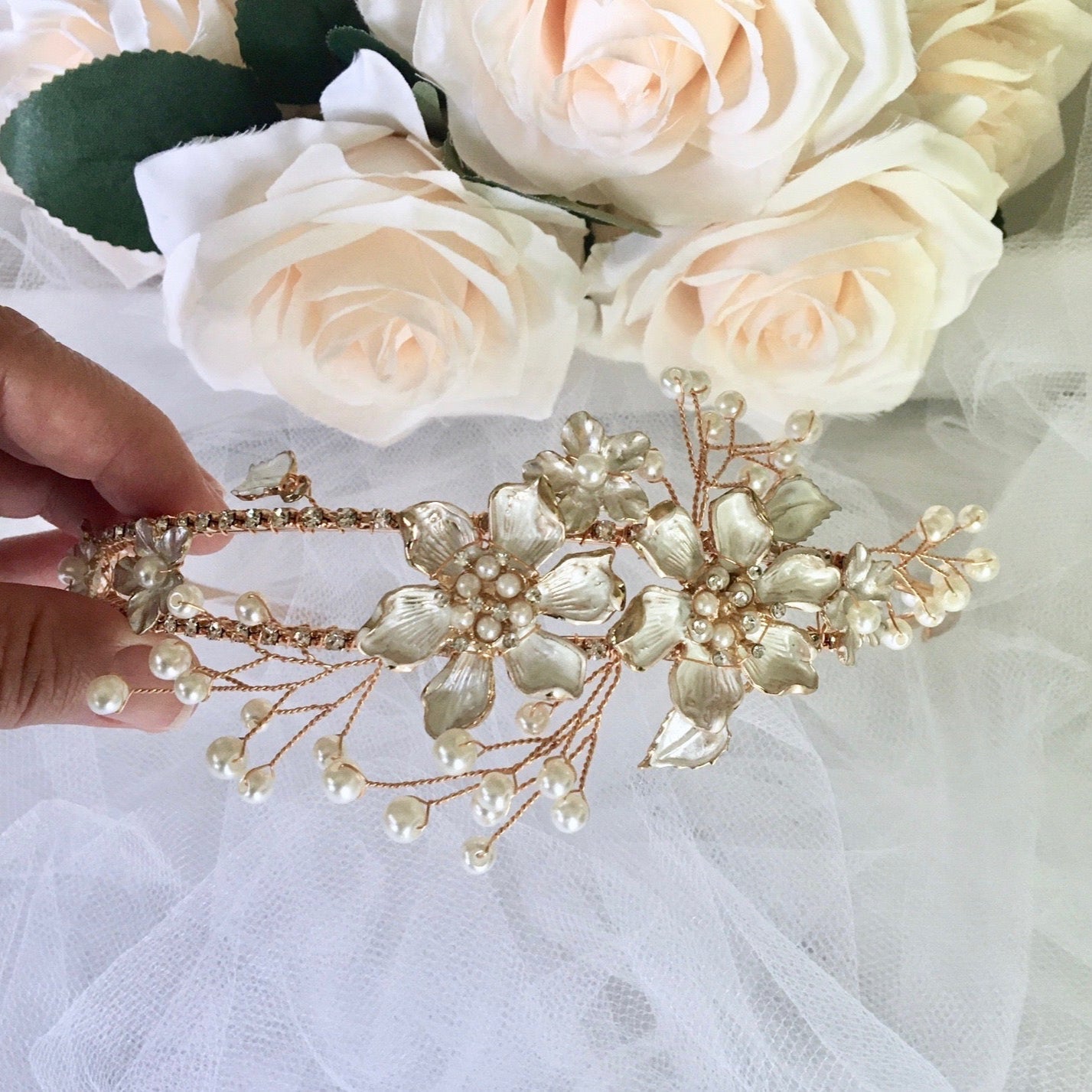 Kara - Gold Pearl and Crystal Bridal Headband / Tiara