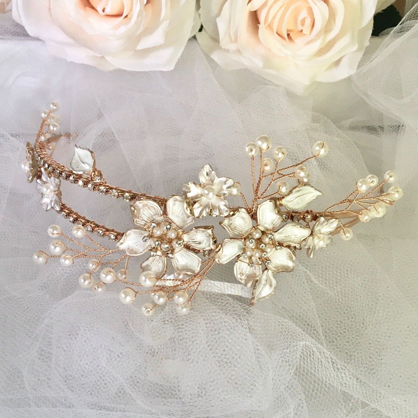 Kara - Gold Pearl and Crystal Bridal Headband / Tiara