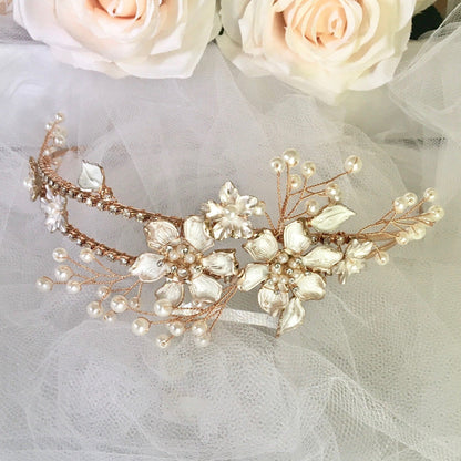 Kara - Gold Pearl and Crystal Bridal Headband / Tiara