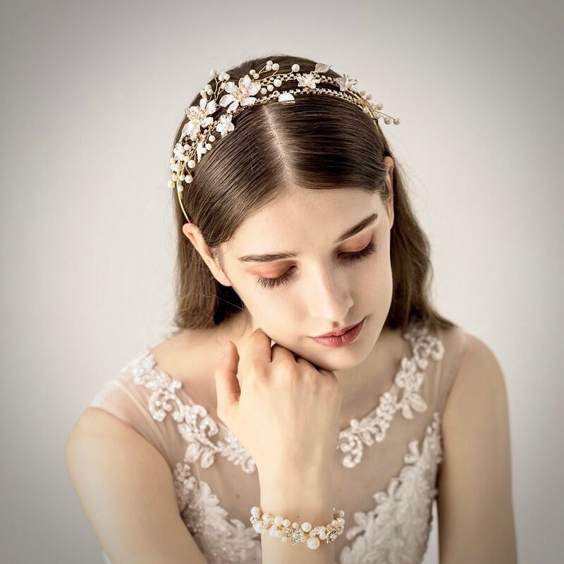 Kara - Gold Pearl and Crystal Bridal Headband / Tiara
