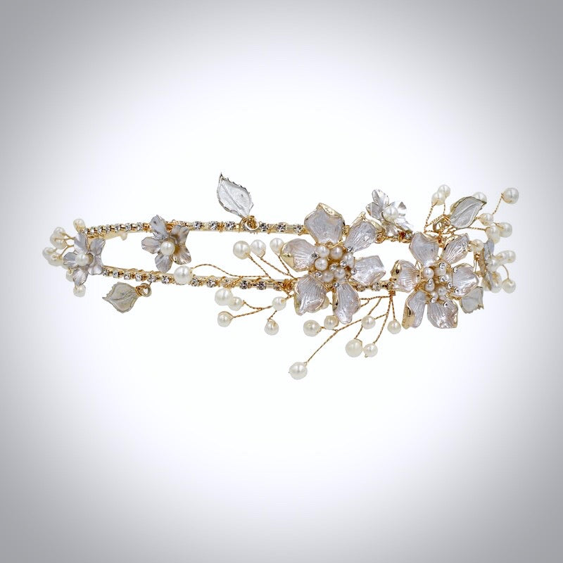Kara - Gold Pearl and Crystal Bridal Headband / Tiara