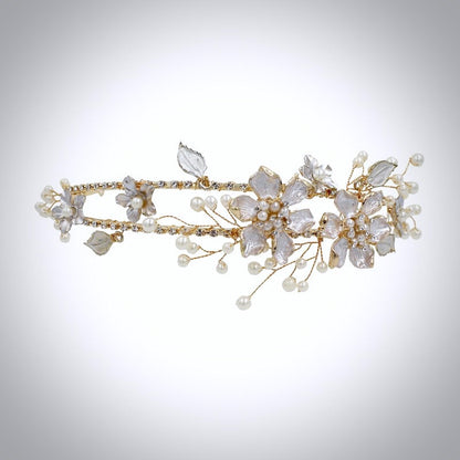 Kara - Gold Pearl and Crystal Bridal Headband / Tiara