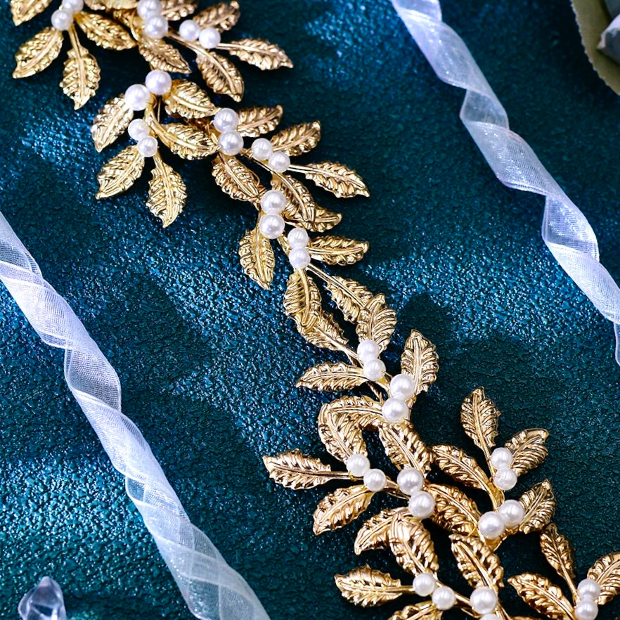 "Laurel" - Gold Pearl Bridal Headband