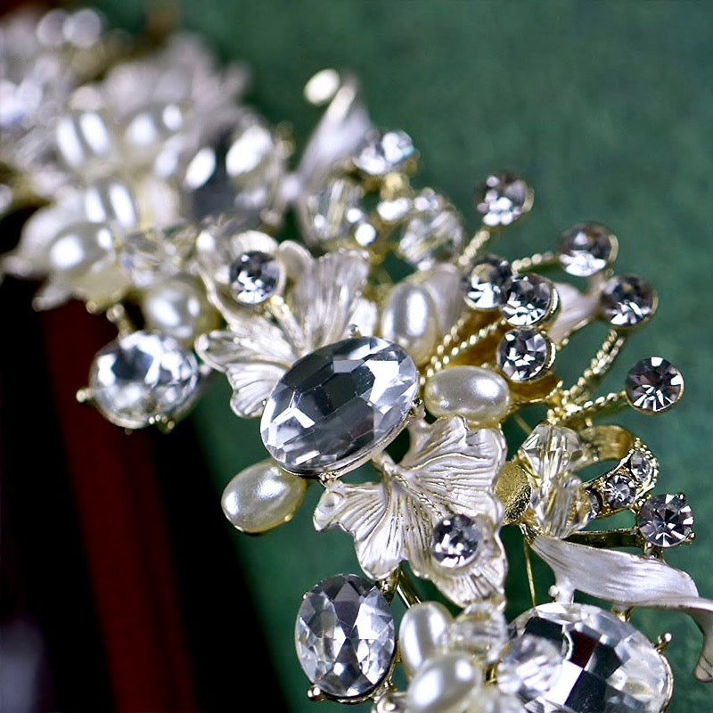 Giada - Pearl and Crystal Bridal Tiara - Available in Yellow Gold and Silver
