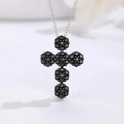 Round-cut Natural Black Spinel Cross Goth Necklace
