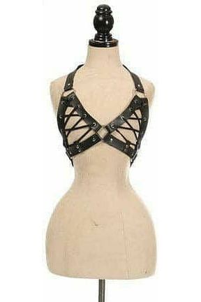 Black Faux Leather Lace-Up Bra Top - Black