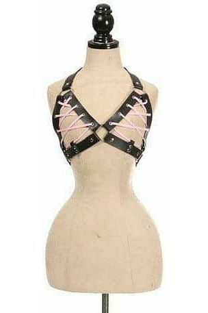 Black Faux Leather Lace-Up Bra Top - Lt Pink