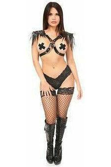 Black Vegan Leather Body Harness w/Shoulder Fringe