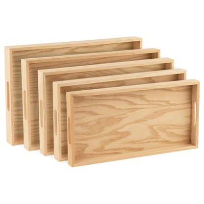 Oak Wood Nested Serving Trays  Five Piece Set of Rectangular Quality Wooden Trays with Cut Out Handles