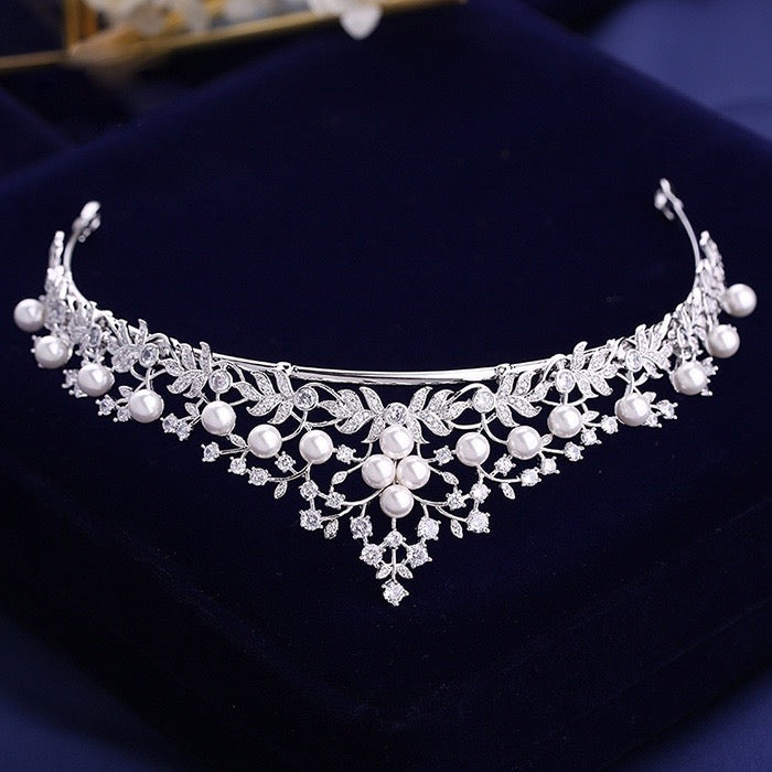 Louise - Silver Cubic Zirconia and Pearl 3-Piece Bridal Jewelry Set With Tiara