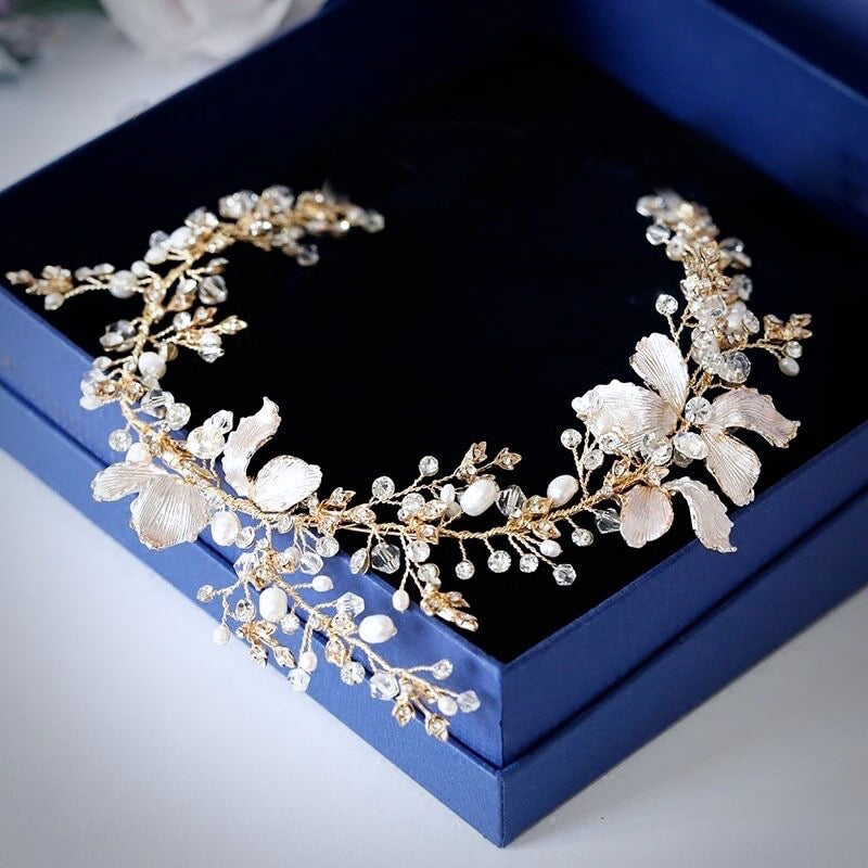 Athena - Pearl and Crystal Bridal Headband - Available in Gold and Silver