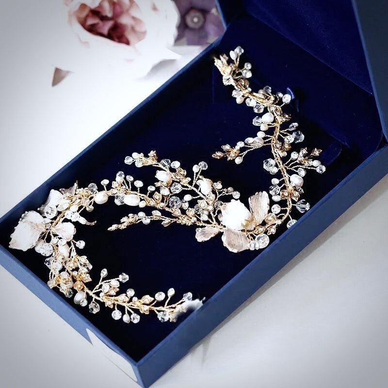 Athena - Pearl and Crystal Bridal Headband - Available in Gold and Silver