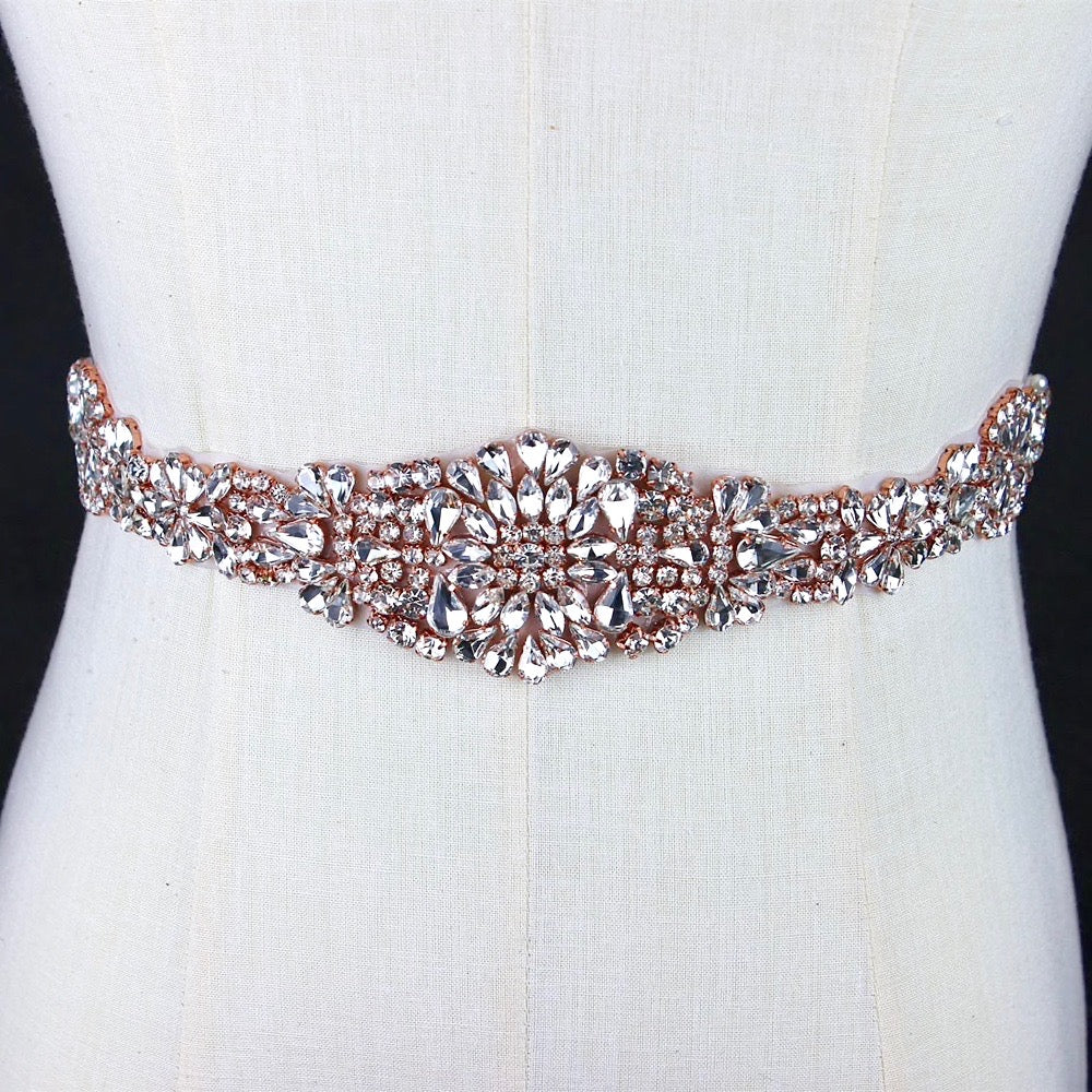 Lilian - Rose Gold Crystal Bridal Belt/Sash