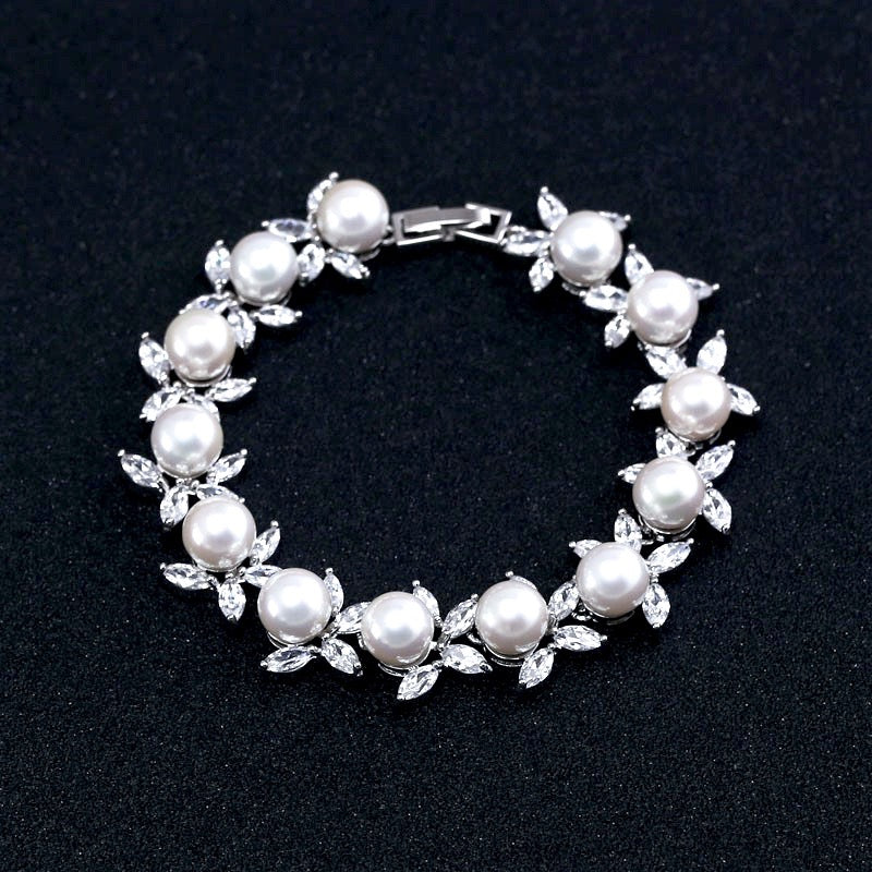 Farrah - Pearl and Cubic Zirconia Bridal Bracelet - Available in Silver, Rose Gold and Yellow Gold