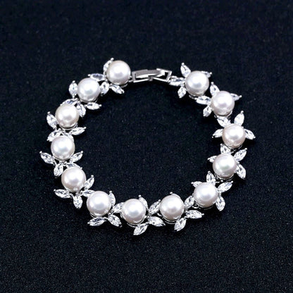 Farrah - Pearl and Cubic Zirconia Bridal Bracelet - Available in Silver, Rose Gold and Yellow Gold