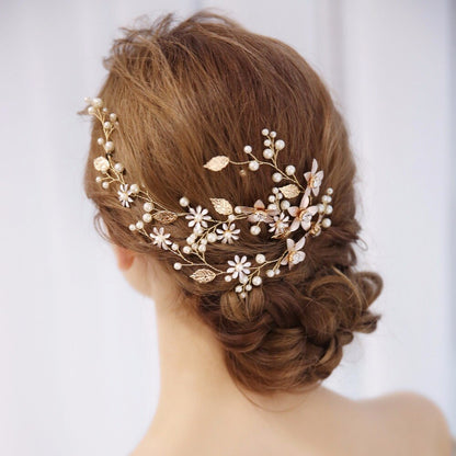 Tara - Pearl and Crystal Bridal Hair Vine - Available in Silver, Rose Gold and Yellow Gold