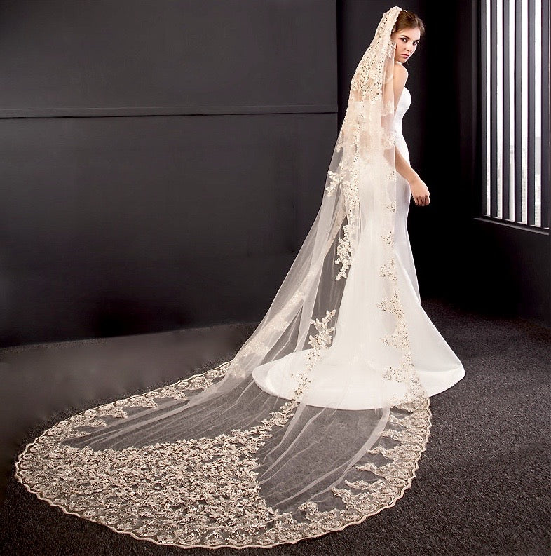 "Darya" - Lace Edge Cathedral Bridal Veil - Available in Champagne, White and Ivory