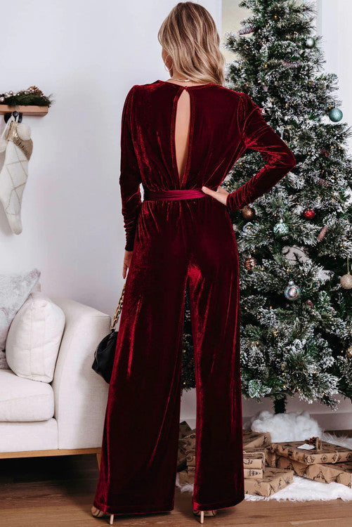 Red Velvet Keyhole Jumpsuit -clearance