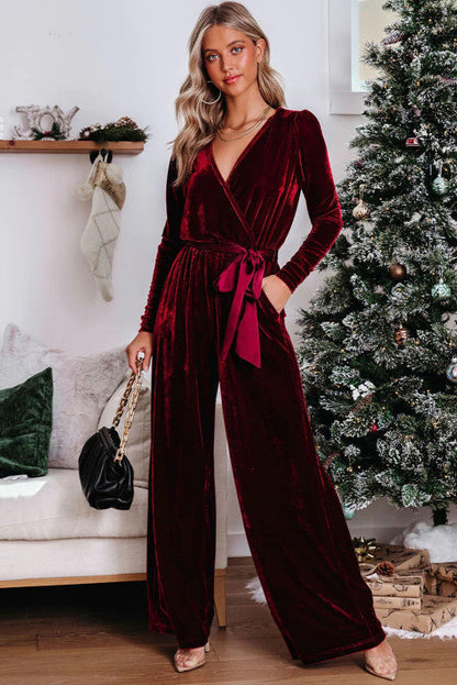 Red Velvet Keyhole Jumpsuit -clearance
