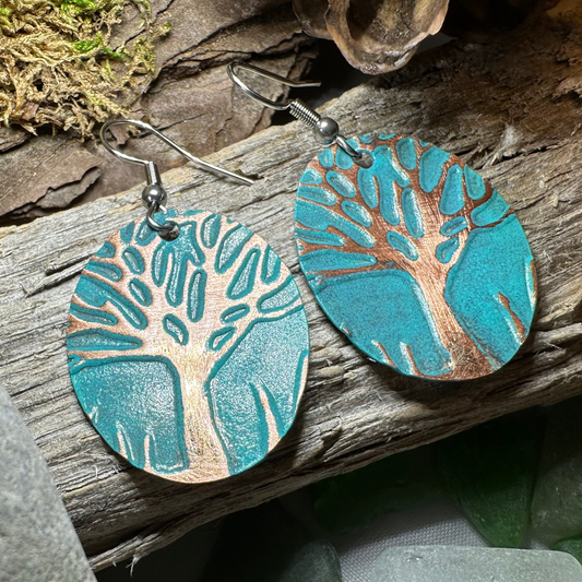 Green Oak Tree of Life Copper Earrings