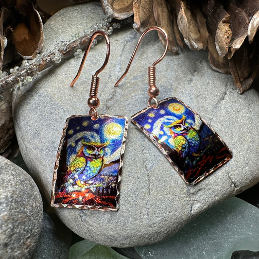 Starry Night Owl Copper Earrings