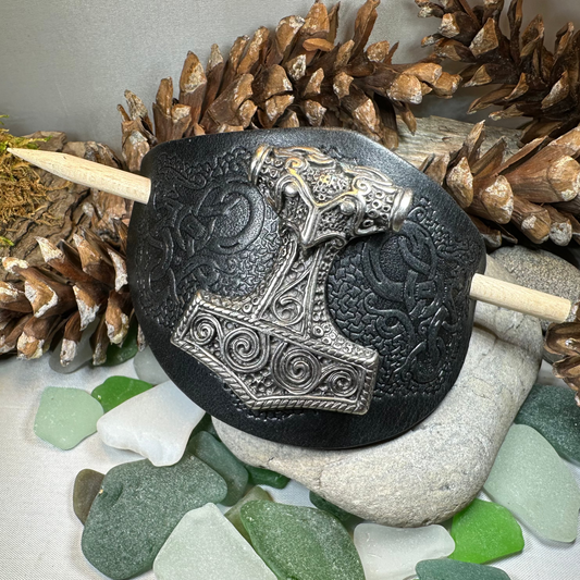 Thor's Hammer Leather Hair Slide