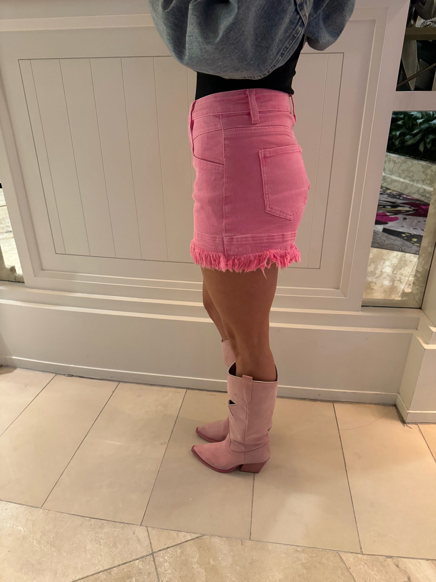 Pink Mid Rise Denim Shorts