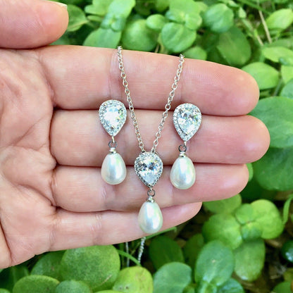 Janna - Pearl and Cubic Zirconia Bridal Necklace and Earrings Set - Available in Silver, Rose Gold and Yellow Gold