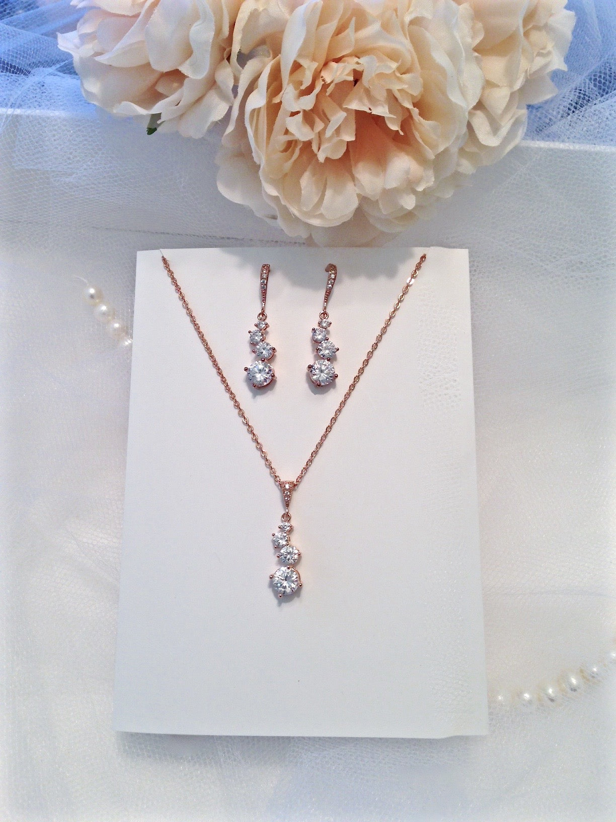 "Stella" - Bridal Necklace and Earrings Set - Available in Rose Gold and Silver