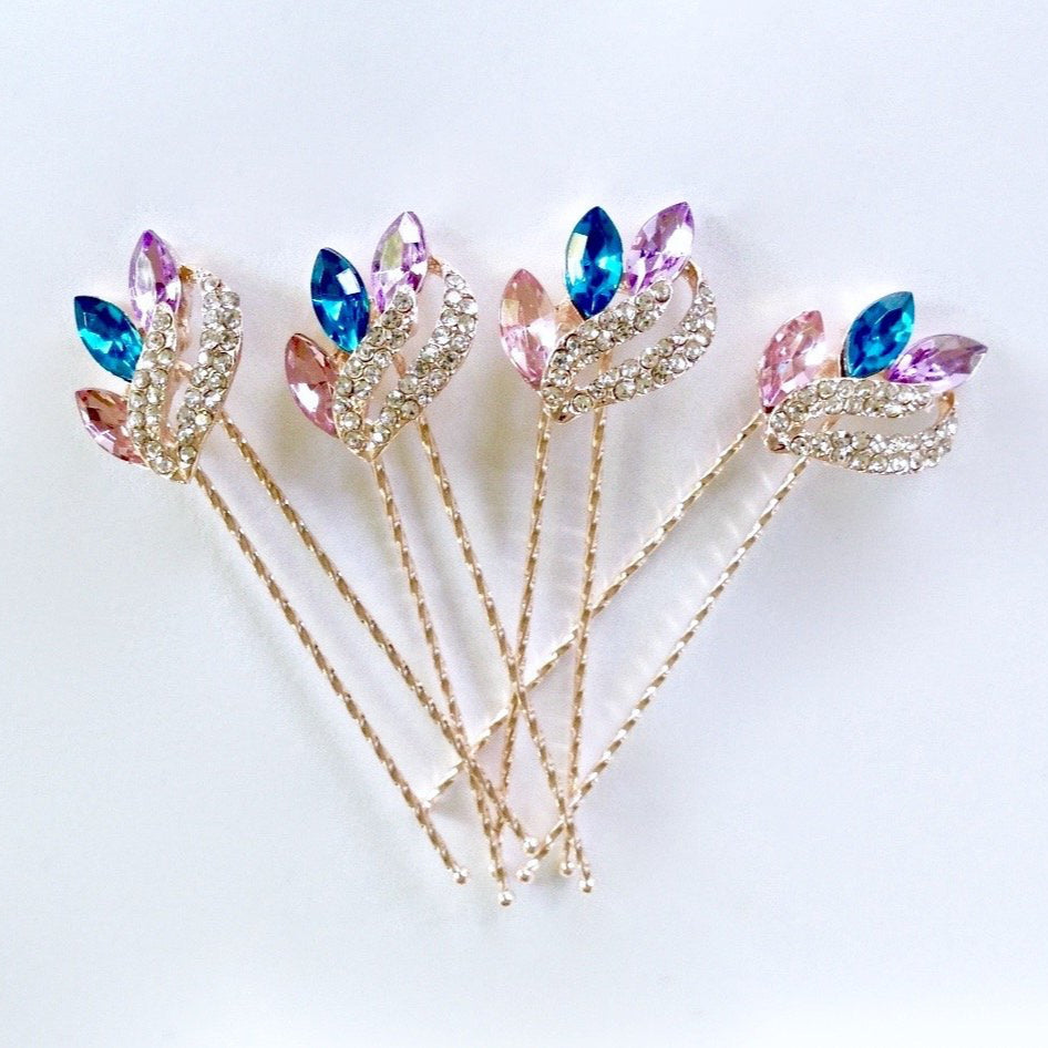 Miley - Rose Gold Colorful Crystal Hair Pins - Set of 4