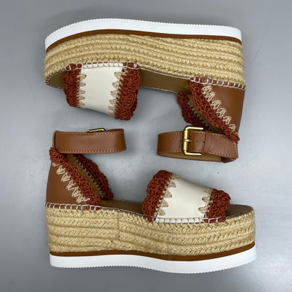 SEE BY CHLOÉ Glyn Espadrille Crocheted Edge Ankle-Strap Sandals Tan/Red Women's Sz 8 EU 38 SB38151A (New)