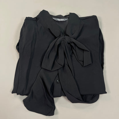 MARTHA STEWART Woven Front Button Blouse Top Tie Neck Women's Sz M Black (New)